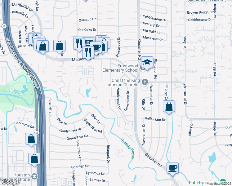 map of restaurants, bars, coffee shops, grocery stores, and more near 12331 Tunbridge Lane in Houston