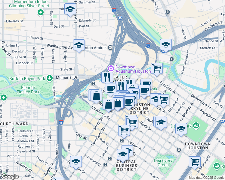 map of restaurants, bars, coffee shops, grocery stores, and more near 500-574 Capitol Street in Houston