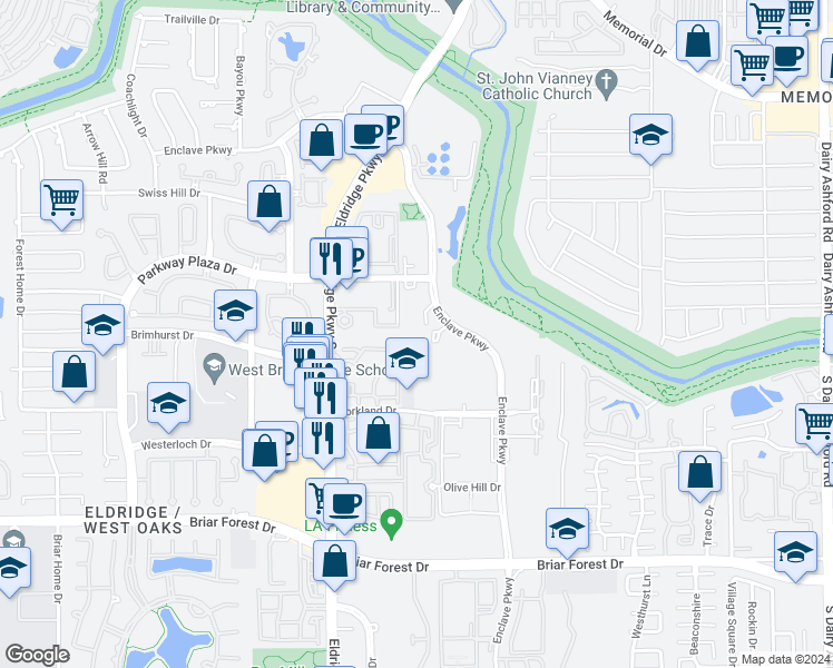 map of restaurants, bars, coffee shops, grocery stores, and more near 1254 Enclave Parkway in Houston