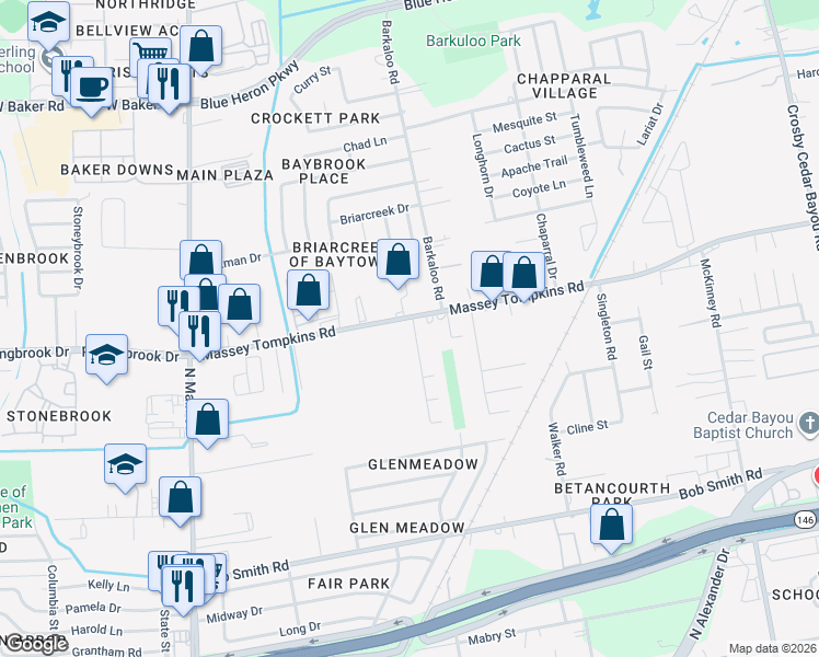 map of restaurants, bars, coffee shops, grocery stores, and more near 3639 Apache Meadows Drive in Baytown