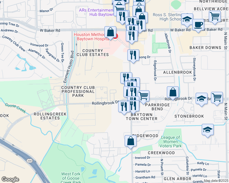 map of restaurants, bars, coffee shops, grocery stores, and more near 1670 Rollingbrook Drive in Baytown