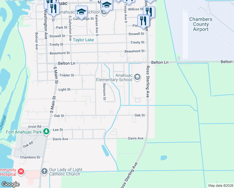 map of restaurants, bars, coffee shops, grocery stores, and more near 502 Tower Avenue in Anahuac
