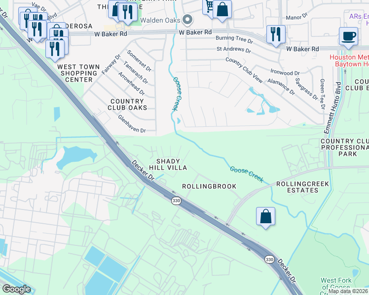map of restaurants, bars, coffee shops, grocery stores, and more near 4800 Forest Court in Baytown