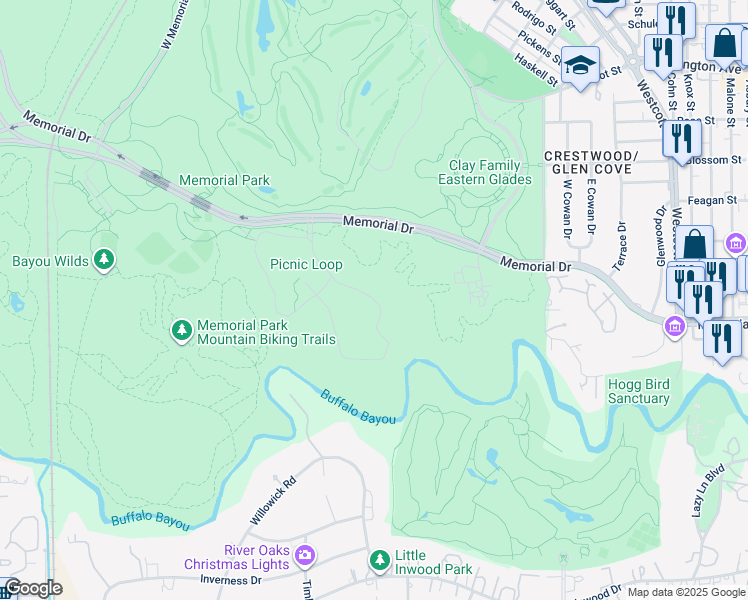 map of restaurants, bars, coffee shops, grocery stores, and more near South Picnic Lane in Houston