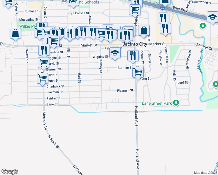 map of restaurants, bars, coffee shops, grocery stores, and more near 10810 Flaxman Street in Houston