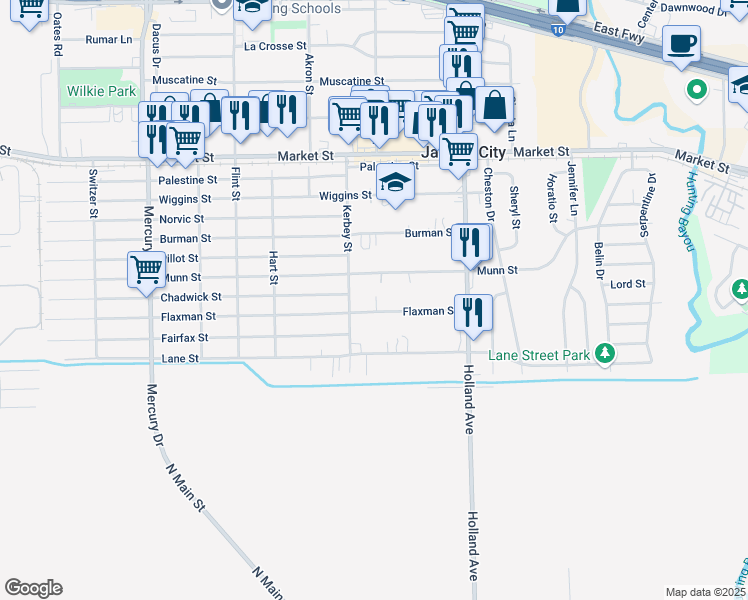 map of restaurants, bars, coffee shops, grocery stores, and more near 10810 Flaxman Street in Houston