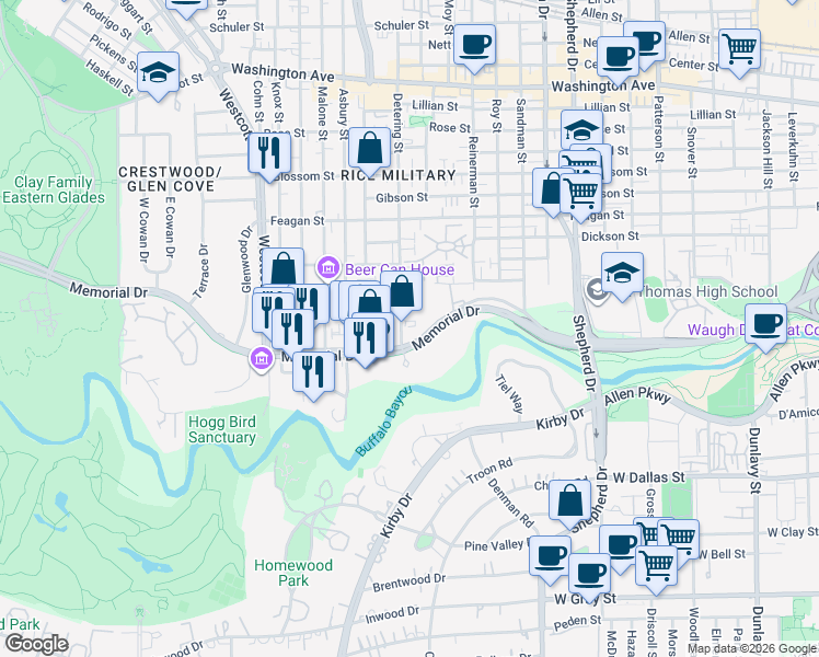 map of restaurants, bars, coffee shops, grocery stores, and more near 5400 Memorial Parkway in Houston