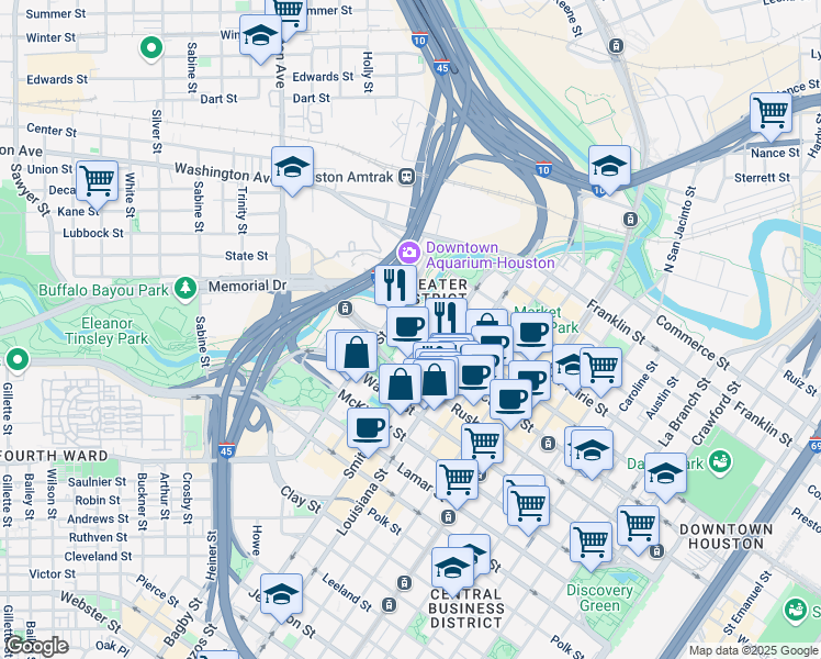 map of restaurants, bars, coffee shops, grocery stores, and more near 500-574 Capitol Street in Houston