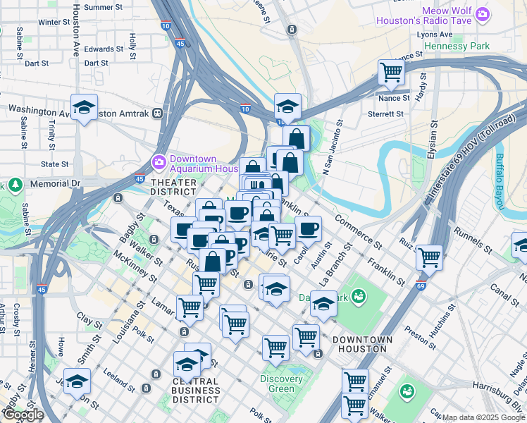 map of restaurants, bars, coffee shops, grocery stores, and more near in Houston