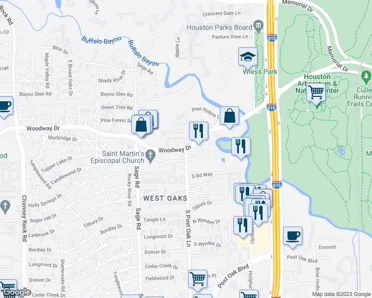 map of restaurants, bars, coffee shops, grocery stores, and more near Woodway Dr & S Post Oak Ln in Houston