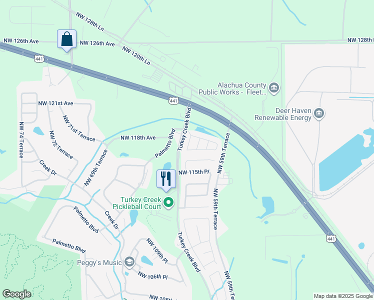 map of restaurants, bars, coffee shops, grocery stores, and more near 7403 Northwest 117th Place in Alachua