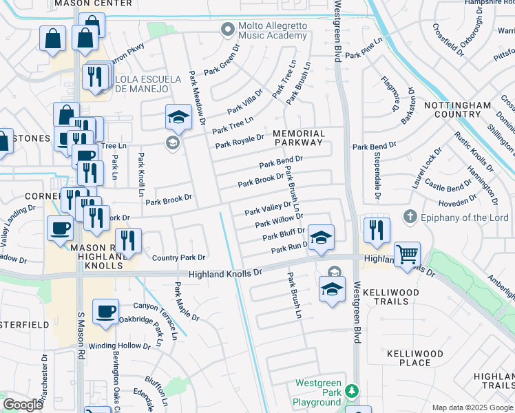 map of restaurants, bars, coffee shops, grocery stores, and more near 21402 Park York Drive in Katy