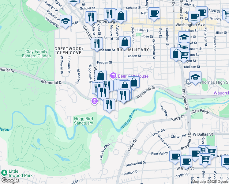 map of restaurants, bars, coffee shops, grocery stores, and more near 5714 Venice Street in Houston