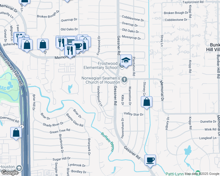 map of restaurants, bars, coffee shops, grocery stores, and more near 310 Tamerlaine Drive in Houston