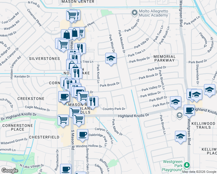 map of restaurants, bars, coffee shops, grocery stores, and more near 21635 Park Bend Drive in Katy