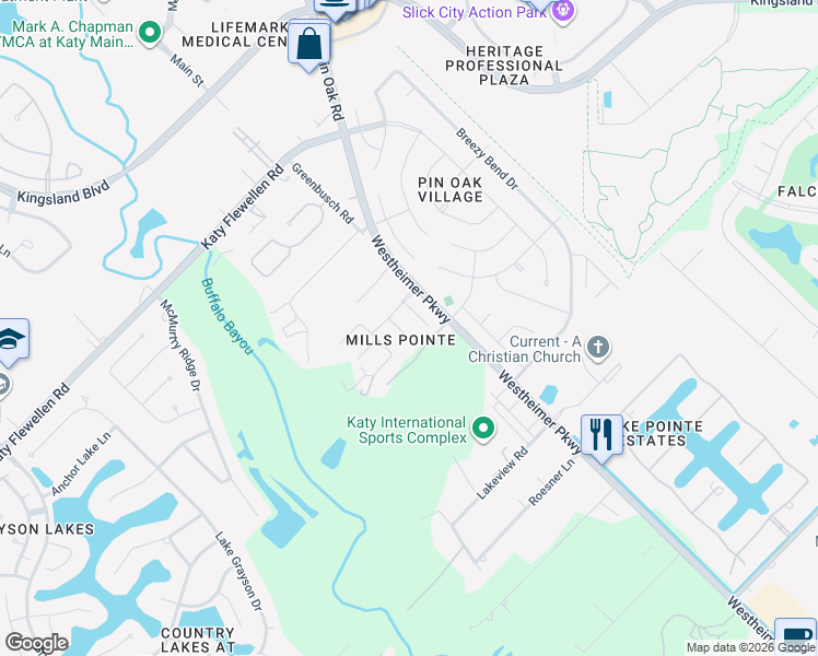 map of restaurants, bars, coffee shops, grocery stores, and more near 1615 Eberhart Star Court in Katy
