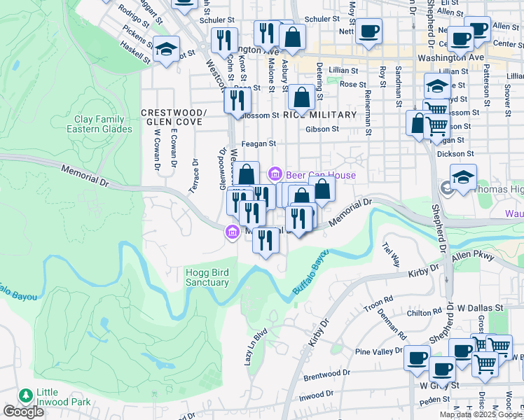 map of restaurants, bars, coffee shops, grocery stores, and more near 160 Birdsall Street in Houston