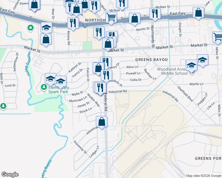 map of restaurants, bars, coffee shops, grocery stores, and more near 12607 Adelia Court in Houston
