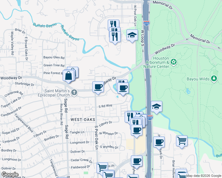 map of restaurants, bars, coffee shops, grocery stores, and more near 1 Riverway in Houston