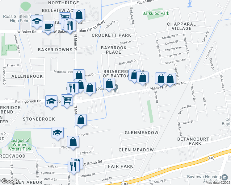 map of restaurants, bars, coffee shops, grocery stores, and more near 605 Massey Tompkins Road in Baytown