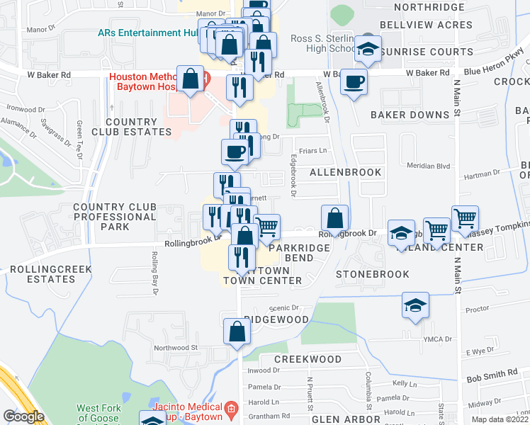 map of restaurants, bars, coffee shops, grocery stores, and more near 3702 Garth Road in Baytown