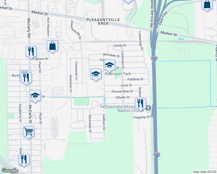 map of restaurants, bars, coffee shops, grocery stores, and more near 8603 Josie Street in Houston