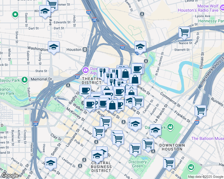 map of restaurants, bars, coffee shops, grocery stores, and more near 419 Louisiana Street in Houston