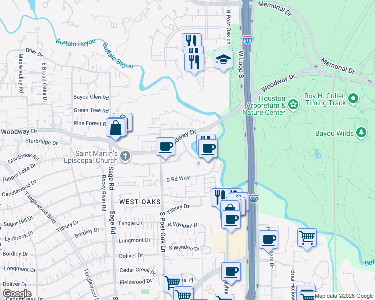 map of restaurants, bars, coffee shops, grocery stores, and more near 51 Riverway in Houston