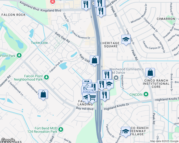 map of restaurants, bars, coffee shops, grocery stores, and more near Unnamed Road in Katy