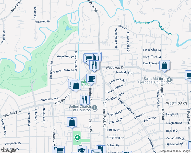 map of restaurants, bars, coffee shops, grocery stores, and more near 5709 Woodway Drive in Houston