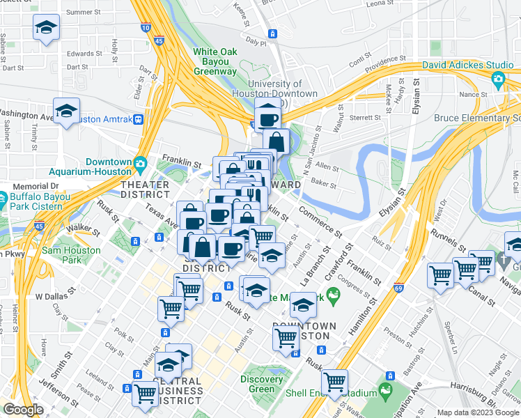 map of restaurants, bars, coffee shops, grocery stores, and more near 1002 Commerce Street in Houston