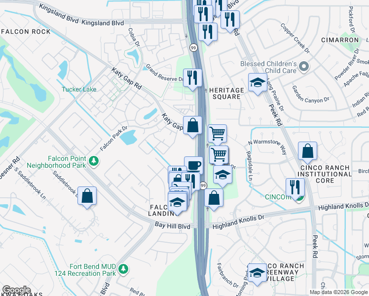 map of restaurants, bars, coffee shops, grocery stores, and more near 1226 West Grand Parkway South in Katy