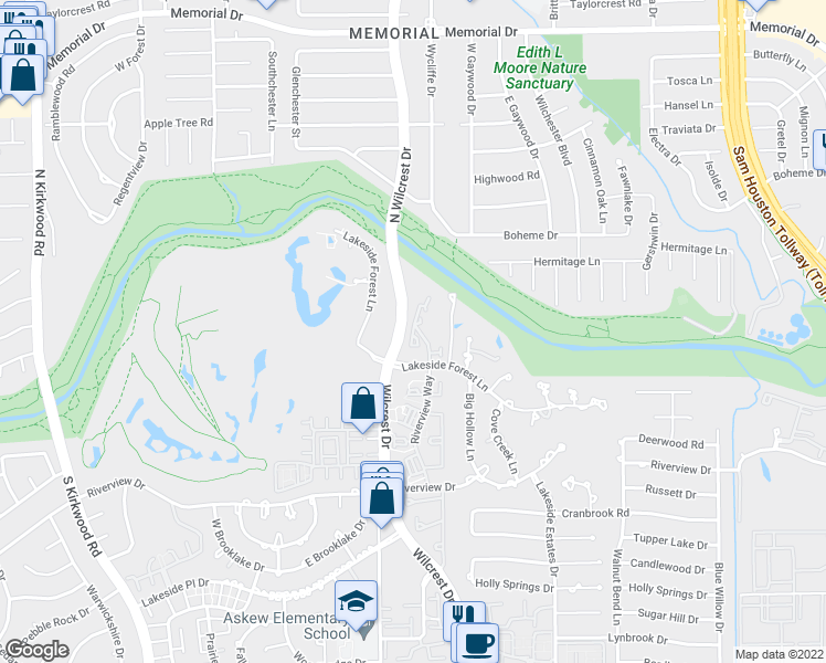 map of restaurants, bars, coffee shops, grocery stores, and more near 201 Wilcrest Drive in Houston
