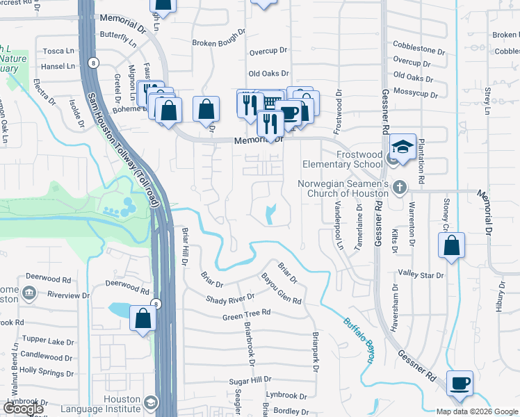 map of restaurants, bars, coffee shops, grocery stores, and more near 61 Litchfield Lane in Houston