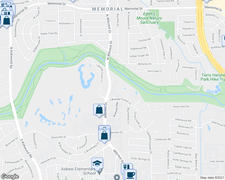 map of restaurants, bars, coffee shops, grocery stores, and more near 201 Wilcrest Drive in Houston