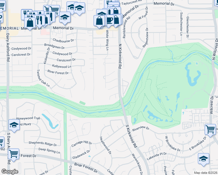 map of restaurants, bars, coffee shops, grocery stores, and more near 425 White Wing Lane in Houston