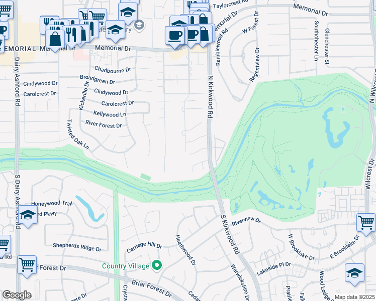 map of restaurants, bars, coffee shops, grocery stores, and more near 425 White Wing Lane in Houston
