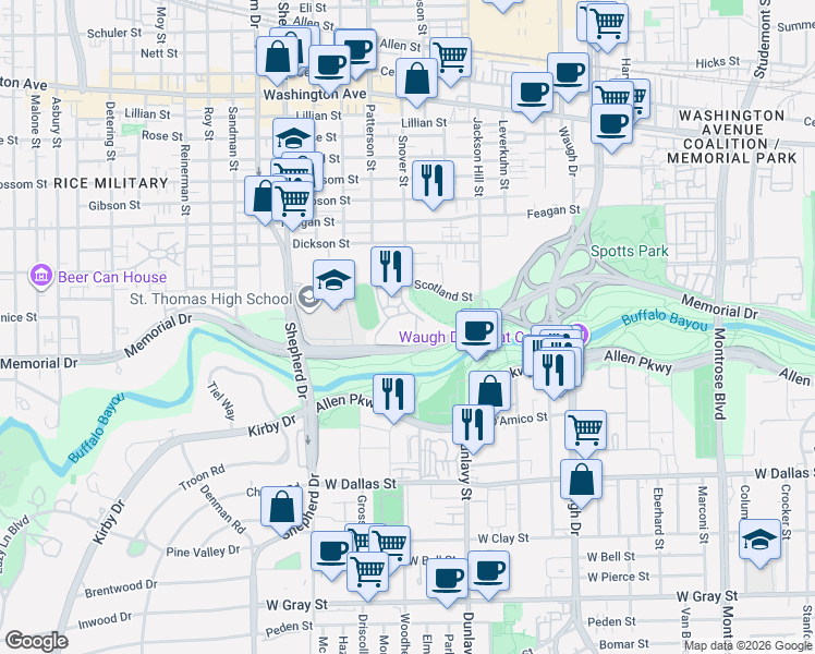 map of restaurants, bars, coffee shops, grocery stores, and more near 105 Sabine Street in Houston
