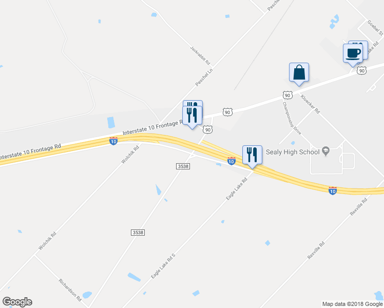 map of restaurants, bars, coffee shops, grocery stores, and more near U.S. 90 in Sealy