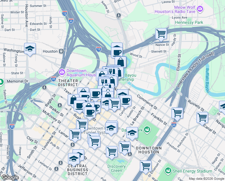 map of restaurants, bars, coffee shops, grocery stores, and more near 1002 Commerce Street in Houston