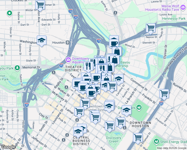 map of restaurants, bars, coffee shops, grocery stores, and more near 301 Milam Street in Houston