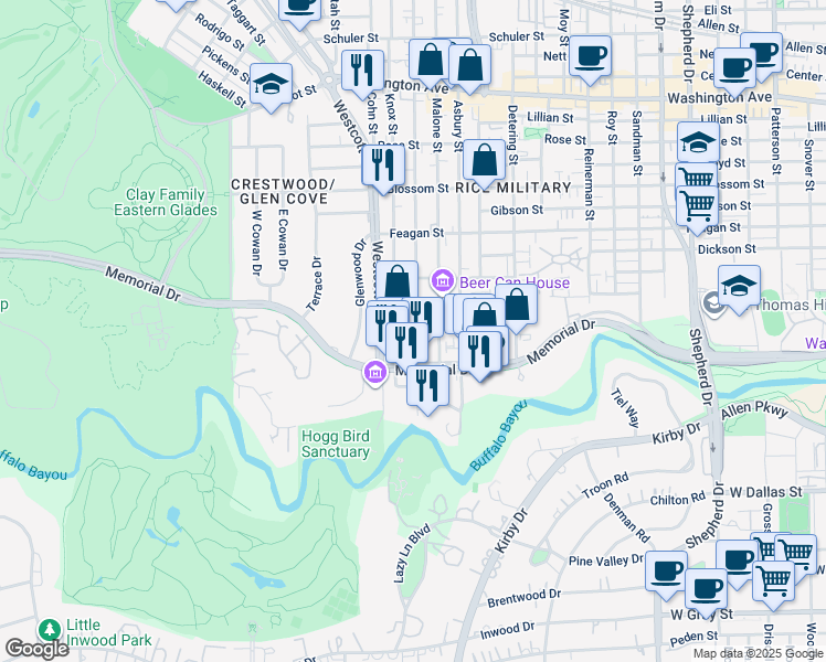 map of restaurants, bars, coffee shops, grocery stores, and more near 155 Birdsall Street in Houston