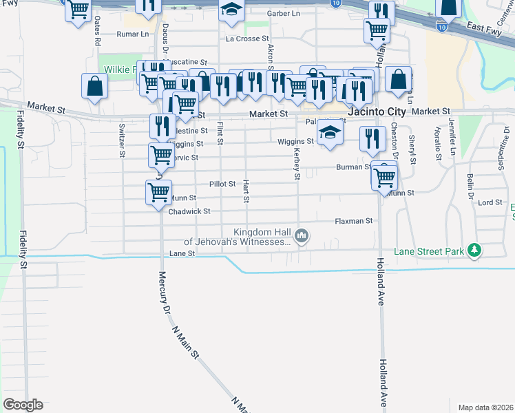 map of restaurants, bars, coffee shops, grocery stores, and more near 10622 Munn Street in Houston
