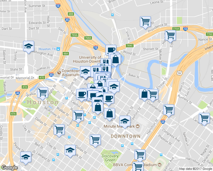 map of restaurants, bars, coffee shops, grocery stores, and more near 1002 Commerce Street in Houston