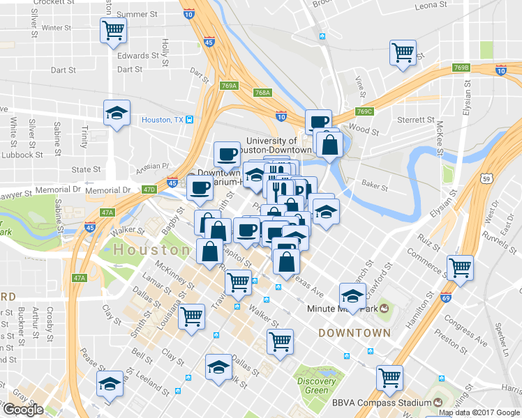 map of restaurants, bars, coffee shops, grocery stores, and more near 301 Milam Street in Houston