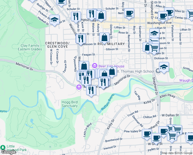 map of restaurants, bars, coffee shops, grocery stores, and more near 5714 Venice Street in Houston