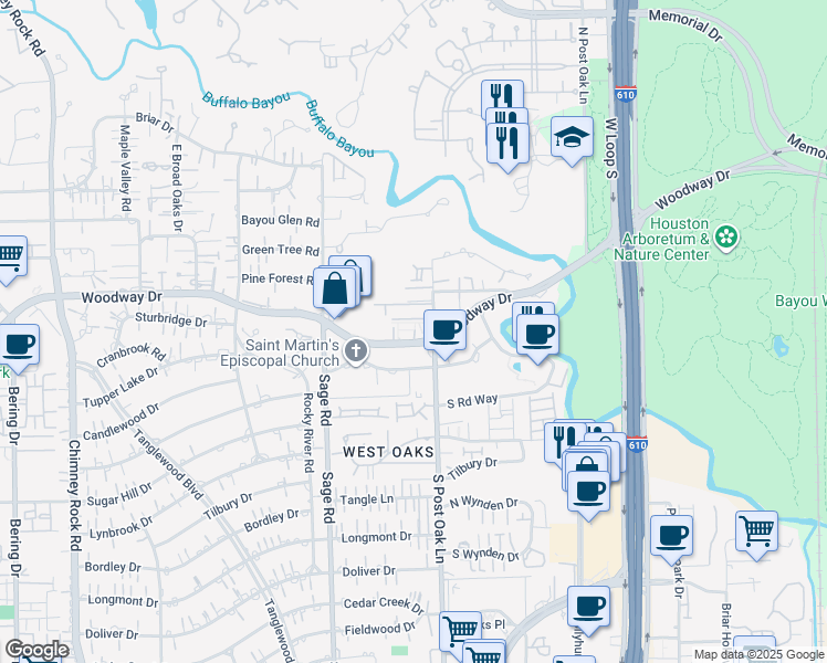 map of restaurants, bars, coffee shops, grocery stores, and more near 5010 Woodway Drive in Houston