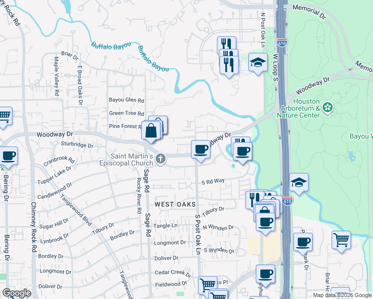 map of restaurants, bars, coffee shops, grocery stores, and more near 5010 Woodway Drive in Houston