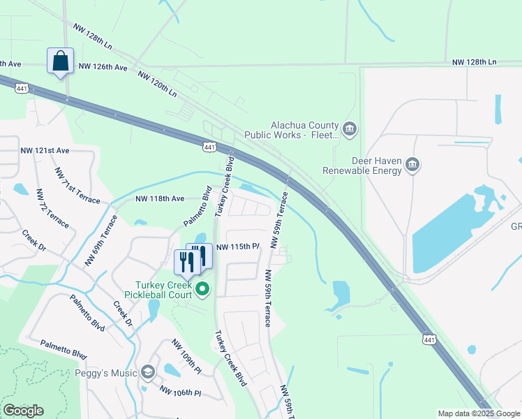 map of restaurants, bars, coffee shops, grocery stores, and more near 11753 Northwest 60th Terrace in Alachua