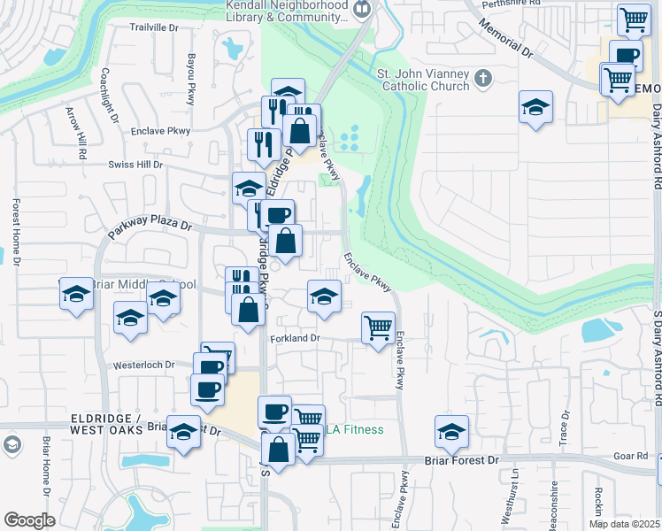 map of restaurants, bars, coffee shops, grocery stores, and more near 1254 Enclave Parkway in Houston